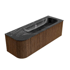 MONDIAZ KURVE-DLUX 135cm badmeubel ronding Links kleur Walnut met 1 lade en 1 deur. Wastafel BIG MEDIUM Rechts 1 kraangat Lava.