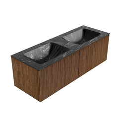 MONDIAZ KURVE-DLUX 130cm badmeubel kleur Walnut met 2 lades en 0 deuren. Wastafel LEAF Dubbel zonder kraangat Lava.