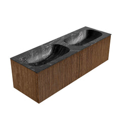 MONDIAZ KURVE-DLUX 140cm badmeubel kleur Walnut met 2 lades en 0 deuren. Wastafel STOR SMALL Dubbel 2 kraangaten Lava.