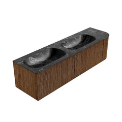 MONDIAZ KURVE-DLUX 165cm badmeubel ronding Rechts kleur Walnut met 2 lades en 1 deur. Wastafel STOR SMALL Dubbel / Links 2 kraangaten Lava.