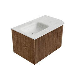 MONDIAZ KURVE-DLUX 75cm badmeubel ronding Rechts kleur Walnut met 1 lade en 1 deur. Wastafel GRUNNE Links zonder kraangat Opalo.