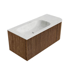 MONDIAZ KURVE-DLUX 105cm badmeubel ronding Rechts kleur Walnut met 1 lade en 1 deur. Wastafel BIG SMALL Links 1 kraangat Opalo.