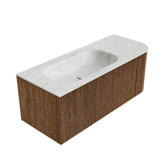 MONDIAZ KURVE-DLUX 115cm badmeubel ronding Rechts kleur Walnut met 1 lade en 1 deur. Wastafel BIG SMALL Links zonder kraangat Opalo.