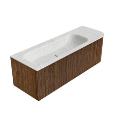 MONDIAZ KURVE-DLUX 135cm badmeubel ronding Rechts kleur Walnut met 1 lade en 1 deur. Wastafel BIG MEDIUM Links zonder kraangat Opalo.