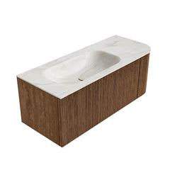 MONDIAZ KURVE-DLUX 115cm badmeubel ronding Rechts kleur Walnut met 1 lade en 1 deur. Wastafel BIG SMALL Links zonder kraangat Ostra.