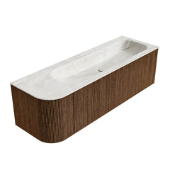 MONDIAZ KURVE-DLUX 145cm badmeubel ronding Links kleur Walnut met 1 lade en 1 deur. Wastafel BIG LARGE Rechts zonder kraangat Ostra.