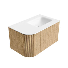 MONDIAZ KURVE 75cm badmeubel ronding Links kleur Oak met 1 lade en 1 deur. Wastafel GRUNNE Rechts zonder kraangat Talc.
