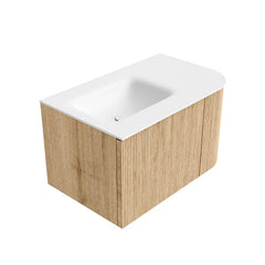 MONDIAZ KURVE 75cm badmeubel ronding Rechts kleur Oak met 1 lade en 1 deur. Wastafel GRUNNE Links zonder kraangat Talc.