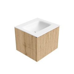 MONDIAZ KURVE 50cm badmeubel kleur Oak met 1 lade en 0 deuren. Wastafel GRUNNE Midden 1 kraangat Talc.
