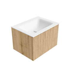 MONDIAZ KURVE 60cm badmeubel kleur Oak met 1 lade en 0 deuren. Wastafel CLOUD Midden zonder kraangat Talc.