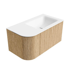 MONDIAZ KURVE 85cm badmeubel ronding Links kleur Oak met 1 lade en 1 deur. Wastafel CLOUD Rechts zonder kraangat Talc.
