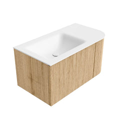 MONDIAZ KURVE 85cm badmeubel ronding Rechts kleur Oak met 1 lade en 1 deur. Wastafel CLOUD Links 1 kraangat Talc.