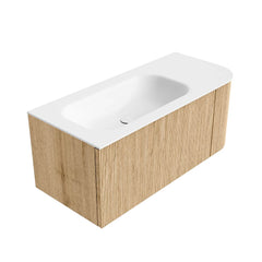 MONDIAZ KURVE 105cm badmeubel ronding Rechts kleur Oak met 1 lade en 1 deur. Wastafel BIG SMALL Links zonder kraangat Talc.