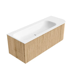 MONDIAZ KURVE 125cm badmeubel ronding Rechts kleur Oak met 1 lade en 1 deur. Wastafel BIG MEDIUM Links zonder kraangat Talc.