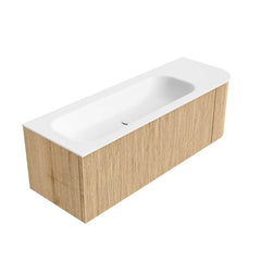 MONDIAZ KURVE 135cm badmeubel ronding Rechts kleur Oak met 1 lade en 1 deur. Wastafel BIG MEDIUM Links zonder kraangat Talc.