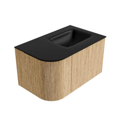 MONDIAZ KURVE 75cm badmeubel ronding Links kleur Oak met 1 lade en 1 deur. Wastafel GRUNNE Rechts zonder kraangat Urban.