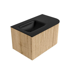 MONDIAZ KURVE 75cm badmeubel ronding Rechts kleur Oak met 1 lade en 1 deur. Wastafel GRUNNE Links zonder kraangat Urban.