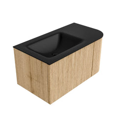 MONDIAZ KURVE 85cm badmeubel ronding Rechts kleur Oak met 1 lade en 1 deur. Wastafel CLOUD Links zonder kraangat Urban.