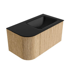 MONDIAZ KURVE 85cm badmeubel ronding Links kleur Oak met 1 lade en 1 deur. Wastafel CLOUD Rechts 1 kraangat Urban.