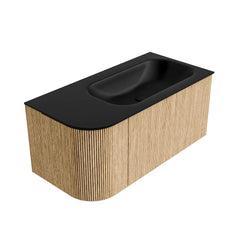 MONDIAZ KURVE 95cm badmeubel ronding Links kleur Oak met 1 lade en 1 deur. Wastafel BIG SMALL Rechts 1 kraangat Urban.
