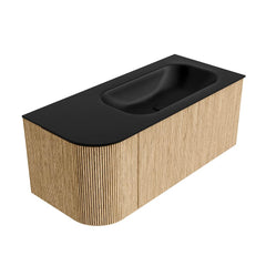 MONDIAZ KURVE 105cm badmeubel ronding Links kleur Oak met 1 lade en 1 deur. Wastafel BIG SMALL Rechts zonder kraangat Urban.