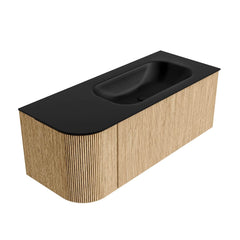 MONDIAZ KURVE 115cm badmeubel ronding Links kleur Oak met 1 lade en 1 deur. Wastafel BIG SMALL Rechts zonder kraangat Urban.