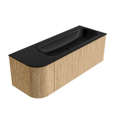 MONDIAZ KURVE 125cm badmeubel ronding Links kleur Oak met 1 lade en 1 deur. Wastafel BIG MEDIUM Rechts zonder kraangat Urban.