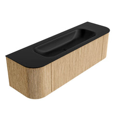 MONDIAZ KURVE 150cm badmeubel ronding Links + Rechts kleur Oak met 1 lade en 2 deuren. Wastafel BIG MEDIUM Midden zonder kraangat Urban.