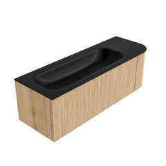 MONDIAZ KURVE 135cm badmeubel ronding Rechts kleur Oak met 1 lade en 1 deur. Wastafel BIG MEDIUM Links zonder kraangat Urban.