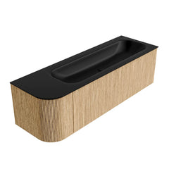 MONDIAZ KURVE 145cm badmeubel ronding Links kleur Oak met 1 lade en 1 deur. Wastafel BIG LARGE Rechts 1 kraangat Urban.