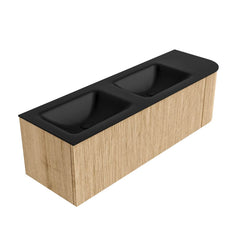 MONDIAZ KURVE 145cm badmeubel ronding Rechts kleur Oak met 1 lade en 1 deur. Wastafel CLOUD Dubbel / Links zonder kraangat Urban.