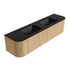 MONDIAZ KURVE 180cm badmeubel ronding Links + Rechts kleur Oak met 2 lades en 2 deuren. Wastafel CLOUD Dubbel zonder kraangat Urban.