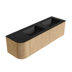 MONDIAZ KURVE 155cm badmeubel ronding Links kleur Oak met 2 lades en 1 deur. Wastafel CLOUD Dubbel / Rechts 2 kraangaten Urban.