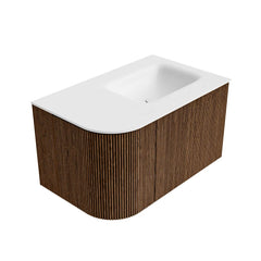 MONDIAZ KURVE 75cm badmeubel ronding Links kleur Walnut met 1 lade en 1 deur. Wastafel GRUNNE Rechts zonder kraangat Talc.