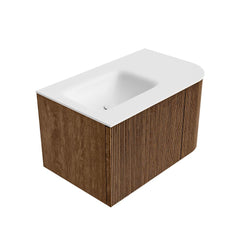 MONDIAZ KURVE 75cm badmeubel ronding Rechts kleur Walnut met 1 lade en 1 deur. Wastafel GRUNNE Links zonder kraangat Talc.