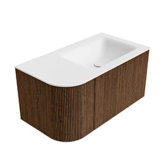 MONDIAZ KURVE 85cm badmeubel ronding Links kleur Walnut met 1 lade en 1 deur. Wastafel CLOUD Rechts 1 kraangat Talc.