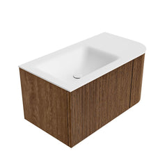 MONDIAZ KURVE 85cm badmeubel ronding Rechts kleur Walnut met 1 lade en 1 deur. Wastafel CLOUD Links 1 kraangat Talc.