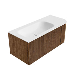 MONDIAZ KURVE 105cm badmeubel ronding Rechts kleur Walnut met 1 lade en 1 deur. Wastafel BIG SMALL Links 1 kraangat Talc.