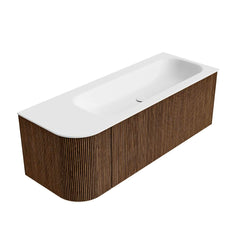 MONDIAZ KURVE 125cm badmeubel ronding Links kleur Walnut met 1 lade en 1 deur. Wastafel BIG MEDIUM Rechts 1 kraangat Talc.
