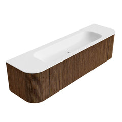 MONDIAZ KURVE 170cm badmeubel ronding Links + Rechts kleur Walnut met 1 lade en 2 deuren. Wastafel BIG LARGE Midden zonder kraangat Talc.