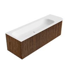 MONDIAZ KURVE 145cm badmeubel ronding Rechts kleur Walnut met 1 lade en 1 deur. Wastafel BIG LARGE Links 1 kraangat Talc.