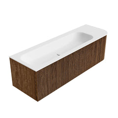 MONDIAZ KURVE 145cm badmeubel ronding Rechts kleur Walnut met 1 lade en 1 deur. Wastafel BIG LARGE Links 2 kraangaten Talc.