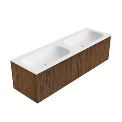 MONDIAZ KURVE 150cm badmeubel kleur Walnut met 2 lades en 0 deuren. Wastafel BIG SMALL Dubbel zonder kraangat Talc.