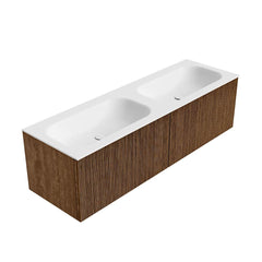 MONDIAZ KURVE 150cm badmeubel kleur Walnut met 2 lades en 0 deuren. Wastafel BIG SMALL Dubbel 2 kraangaten Talc.