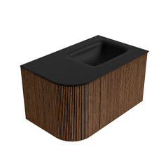 MONDIAZ KURVE 75cm badmeubel ronding Links kleur Walnut met 1 lade en 1 deur. Wastafel GRUNNE Rechts zonder kraangat Urban.
