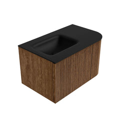 MONDIAZ KURVE 75cm badmeubel ronding Rechts kleur Walnut met 1 lade en 1 deur. Wastafel GRUNNE Links zonder kraangat Urban.