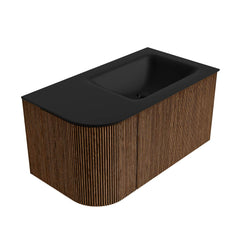 MONDIAZ KURVE 85cm badmeubel ronding Links kleur Walnut met 1 lade en 1 deur. Wastafel CLOUD Rechts zonder kraangat Urban.
