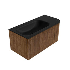 MONDIAZ KURVE 95cm badmeubel ronding Rechts kleur Walnut met 1 lade en 1 deur. Wastafel BIG SMALL Links zonder kraangat Urban.
