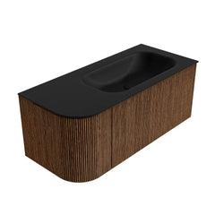 MONDIAZ KURVE 105cm badmeubel ronding Links kleur Walnut met 1 lade en 1 deur. Wastafel BIG SMALL Rechts zonder kraangat Urban.