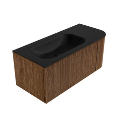 MONDIAZ KURVE 105cm badmeubel ronding Rechts kleur Walnut met 1 lade en 1 deur. Wastafel BIG SMALL Links zonder kraangat Urban.